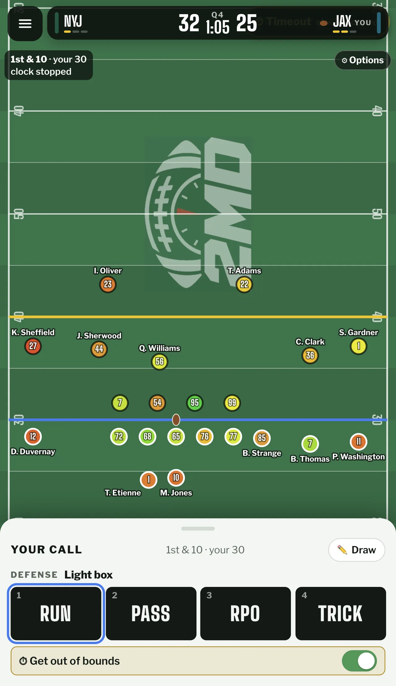 Two deep safeties above the yellow first-down line, five defenders between the lines and four linemen set over the ball