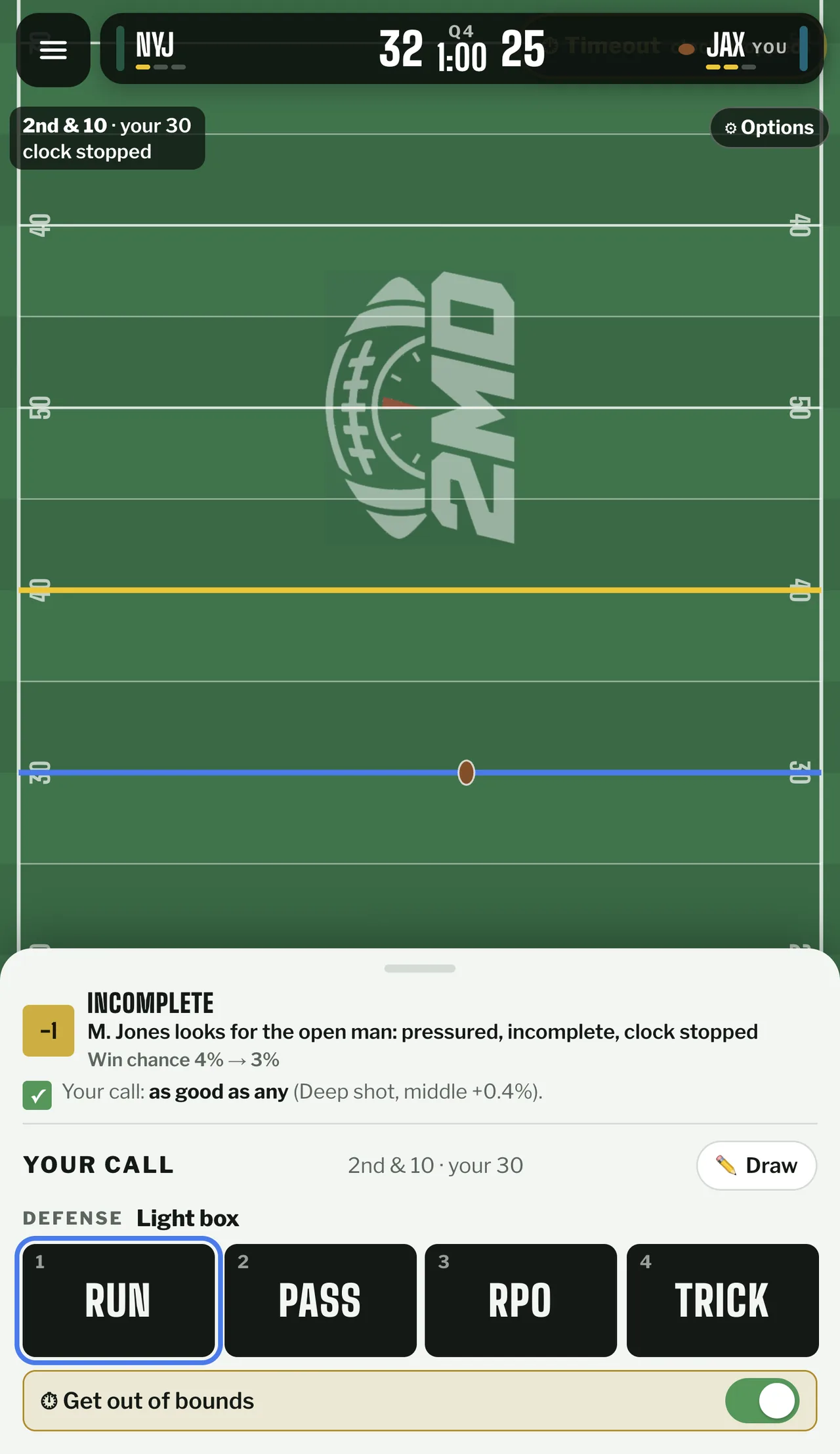 Empty turf between the 30 and 40 yard lines, the ball alone on the blue line, with the top edge of the result sheet below