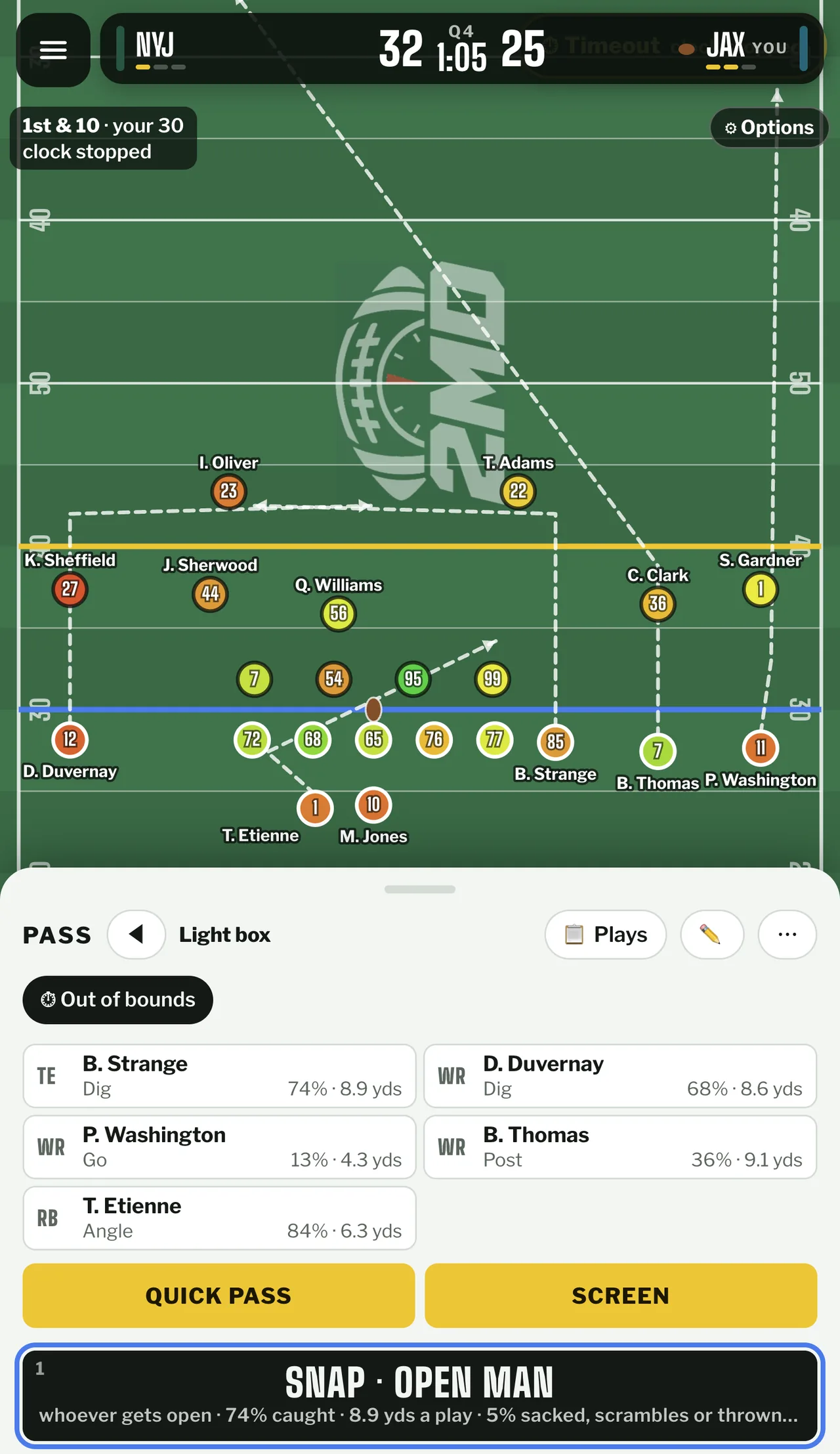 Dashed routes over the defensive shell, Strange crossing the middle while Thomas and Washington release deep downfield