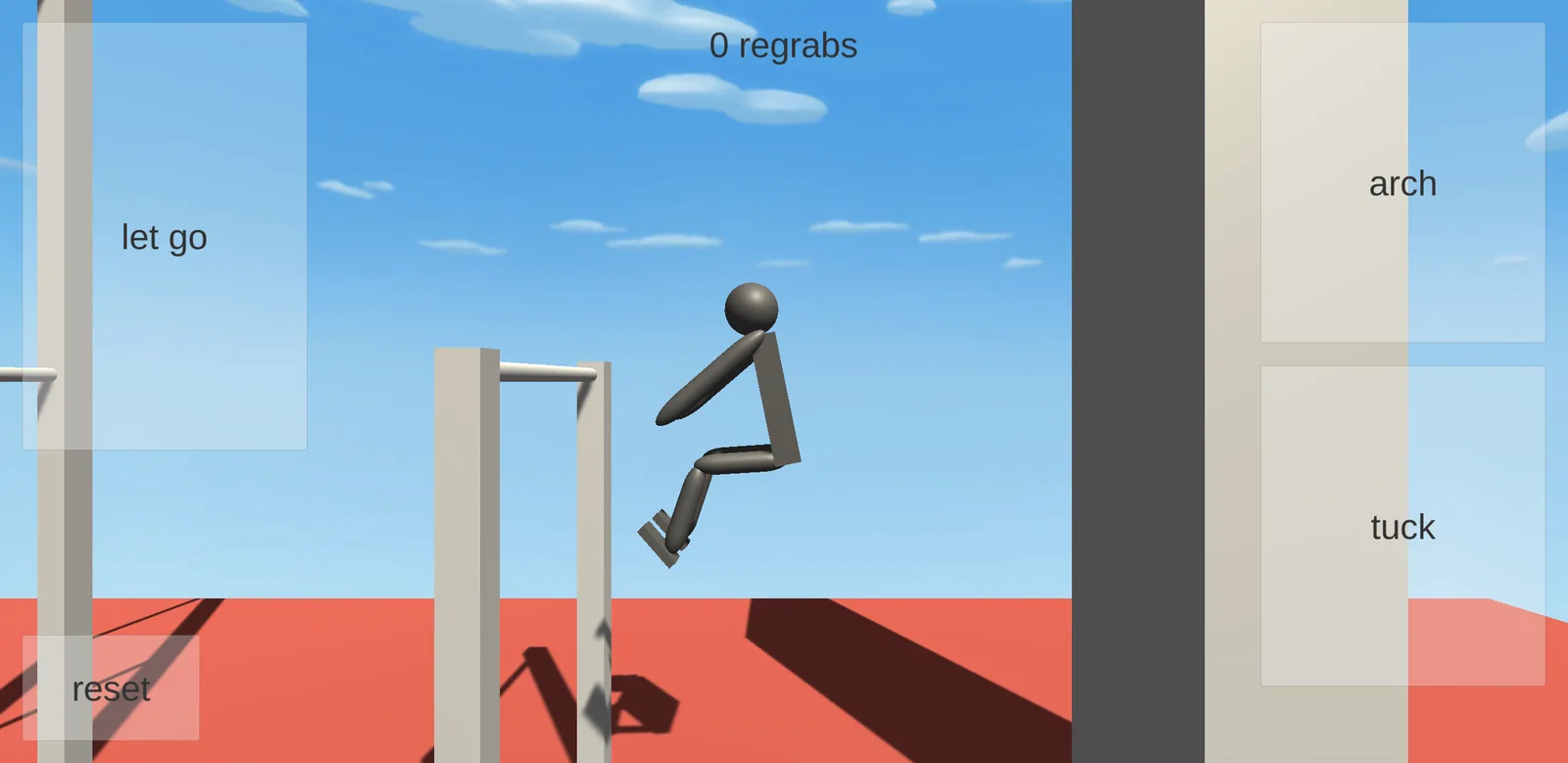 Tucked figure hanging in mid-air with knees up, an empty post frame to the left and 0 regrabs counted at the top