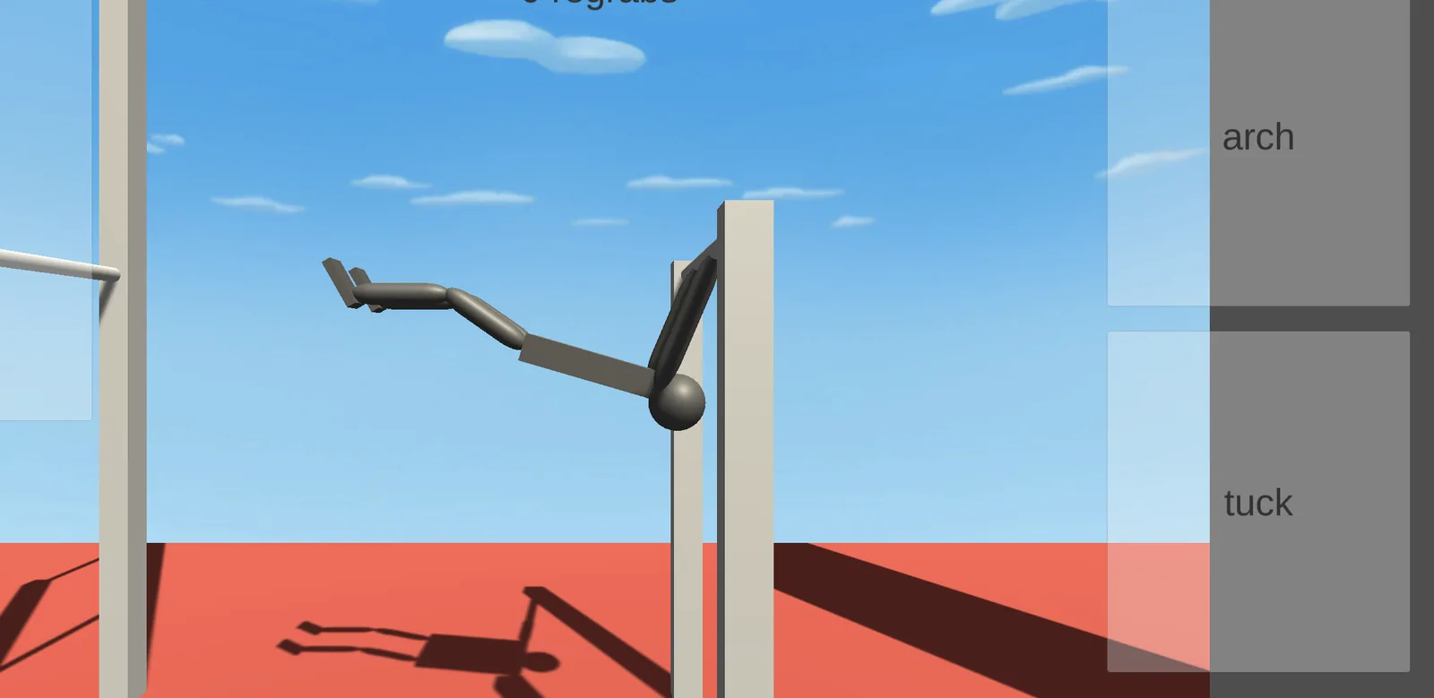 Stick-figure gymnast horizontal off the top of a white post, legs folded behind, arch and tuck buttons on the right